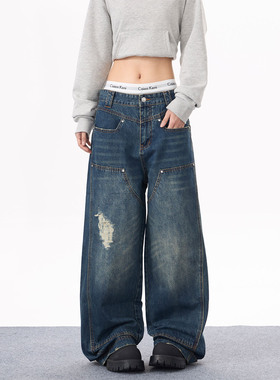 KYNOS 美式复古重磅水洗铆钉破坏伐木牛仔裤男女高街宽松直筒长裤