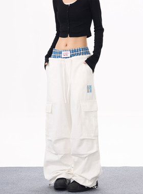 KYNOS 美式复古格纹双腰头伞兵工装裤情侣宽松撞色假两件休闲裤潮