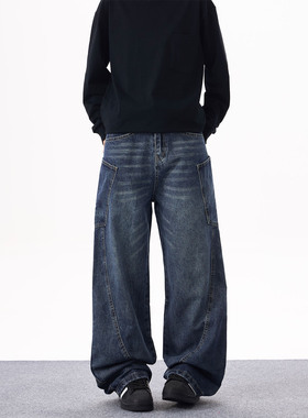 KYNOS 美式复古小众斜口袋阔腿牛仔裤男女宽松休闲高级感弯刀裤潮