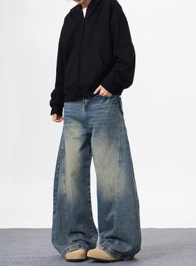 KYNOS 美式复古弯刀设计感牛仔裤男女街头痞帅阔腿松弛感休闲长裤