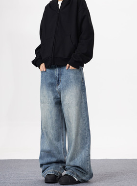 KYNOS 美式复古做旧水洗蓝牛仔裤男女宽松直筒高街阔腿老爹长裤潮