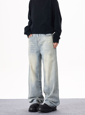 KYNOS 美式复古高街扎花水洗牛仔裤男女宽松休闲浅色直筒百搭长裤