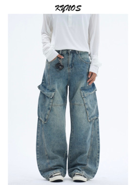 KYNOS 美式复古水洗拼接多口袋工装牛仔裤男女宽松休闲阔腿长裤子