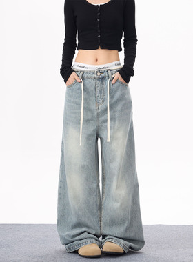 KYNOS 美式复古磨白水洗做旧浅蓝色牛仔裤男女宽松阔腿垂感长裤潮