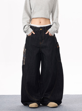 KYNOS 美式街头咖色格纹口袋弯刀牛仔裤男女高街宽松阔腿拖地长裤