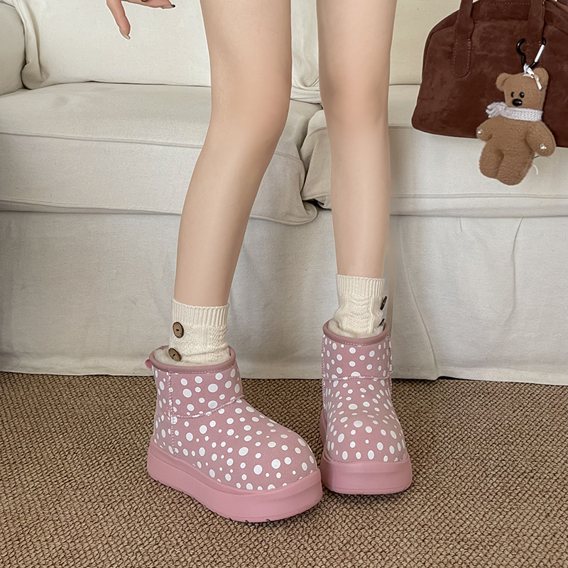 复古风波点圆头雪地靴女保暖短靴