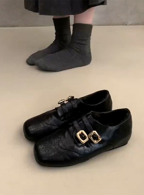 内增高加绒保暖单鞋女2025冬季新款复古雕花方头乐福鞋黑色小皮鞋