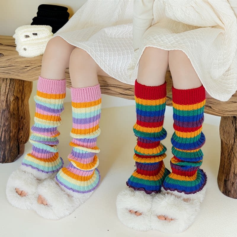 儿童彩虹堆堆袜套秋冬季新款女童护膝小腿袜过膝保暖腿套长筒袜