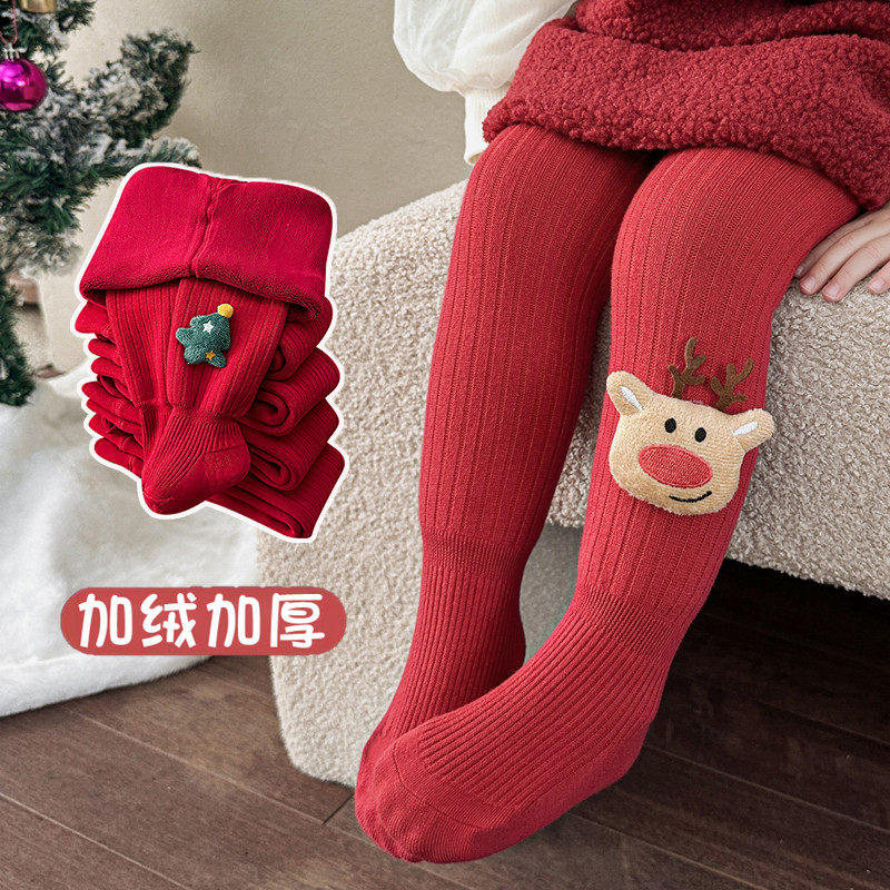 女宝宝加绒连裤袜大红色圣诞新年袜儿童婴儿加厚打底裤冬季保暖裤