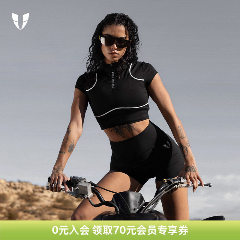 马甲线运动健身短袖t恤女紧身短款马拉松户外训练跑步上衣黑色夏