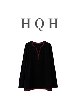 『1475#』时髦洋气撞色亨利领正肩通勤软糯舒适百搭显瘦长袖上衣