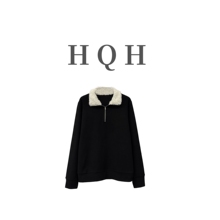 『1463#』韩系显瘦休闲通勤半拉链Polo立领毛毛领百搭黑色长袖T恤