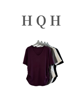 『1040#』夏季半V领时尚款减龄纯色通勤褶皱遮肉显瘦个性百搭T恤