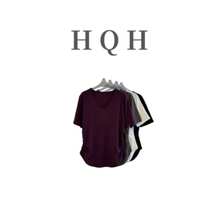 1040 减龄纯色通勤褶皱遮肉显瘦个性 夏季 款 百搭T恤 半V领时尚