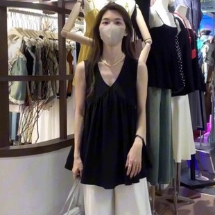 吊带背心衬衫 薄款 黑色无袖 夏季 透气显瘦宽松上衣 法式 小衫