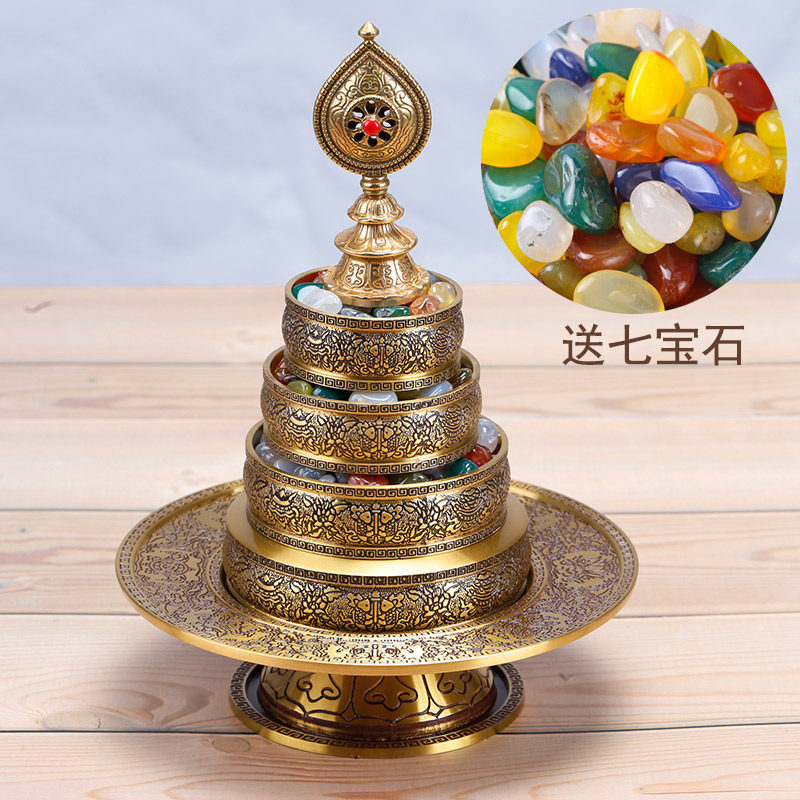 纯铜曼扎盘精美手工雕刻佛堂七宝曼扎盘 尼泊尔工艺送宝石包邮