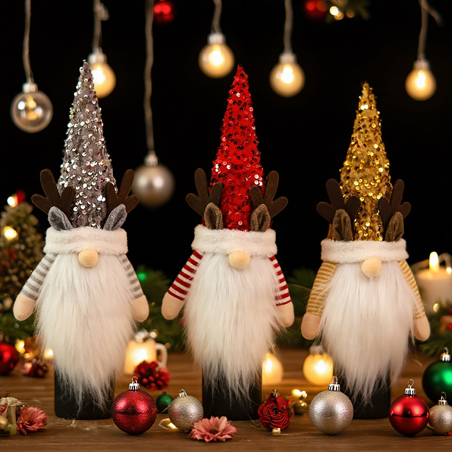 新款圣诞节装饰品红色亮片鹿角酒瓶套鲁道夫胡子老人红酒帽