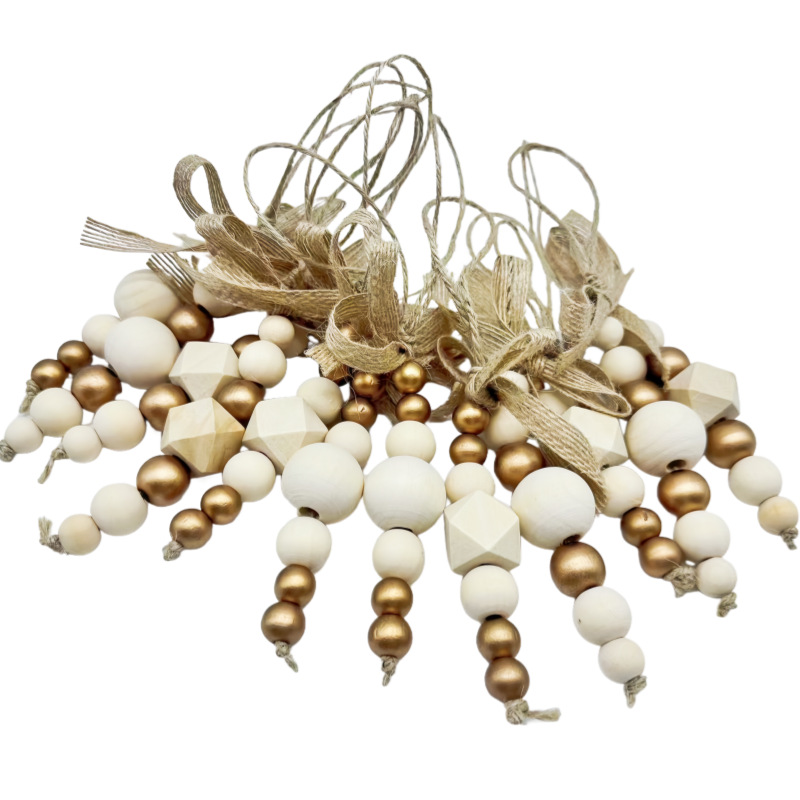 直销原木色田园风麻绳木珠串圣诞树结金色木串珠挂件