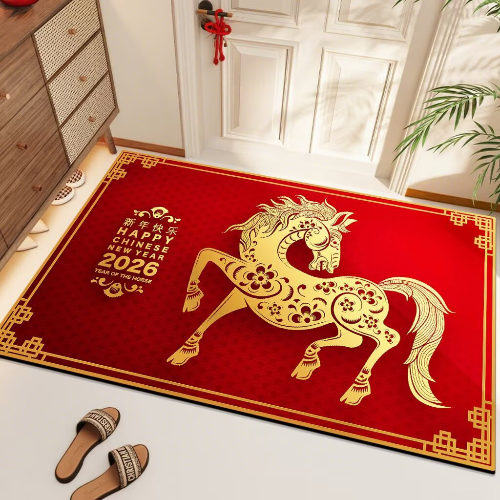 2026马年新年地垫水晶绒进门地垫家用入户门装饰防滑红色节日门垫