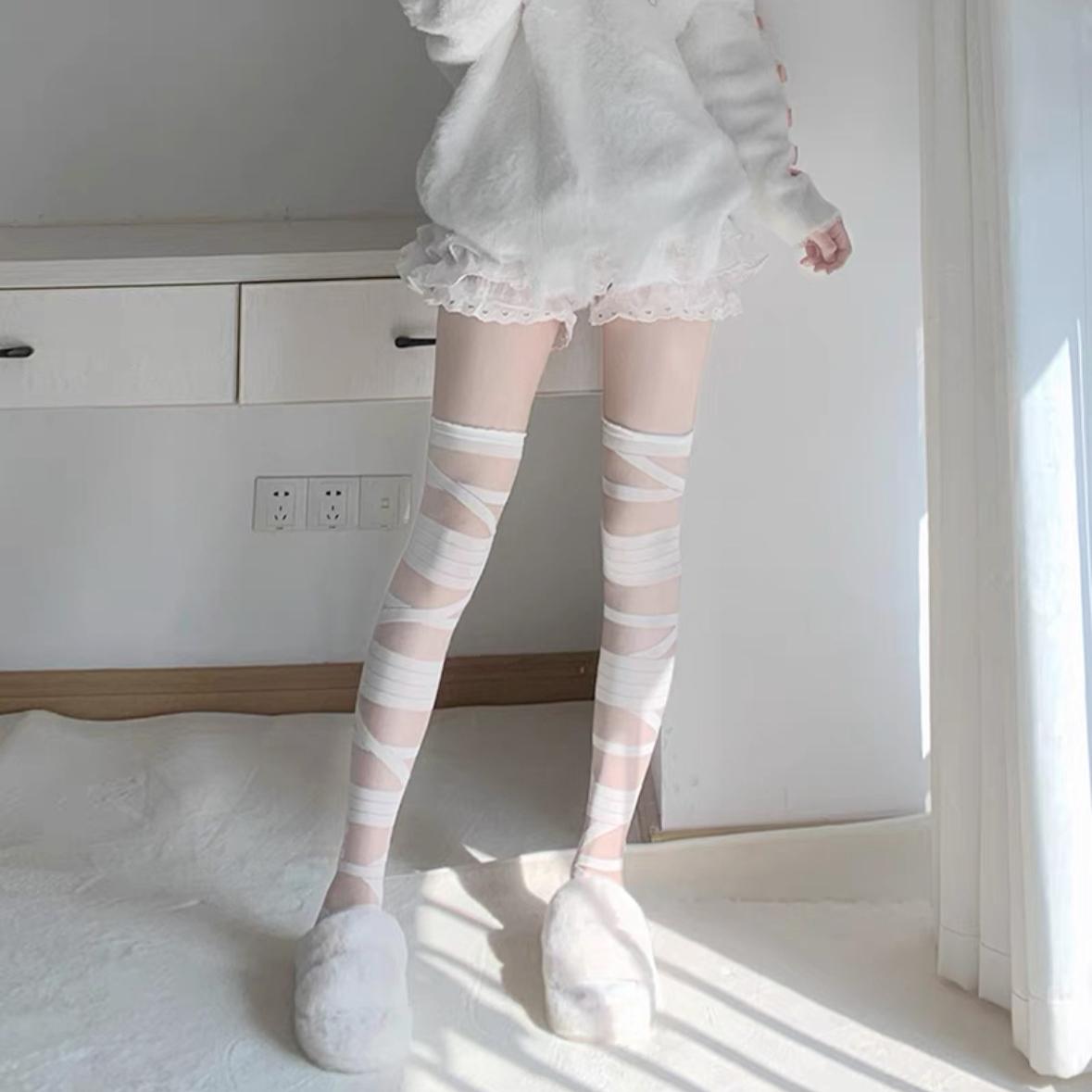 绑带丝袜白色纯欲洛丽塔袜子亚文化长筒过膝袜y2k白丝春夏薄款in