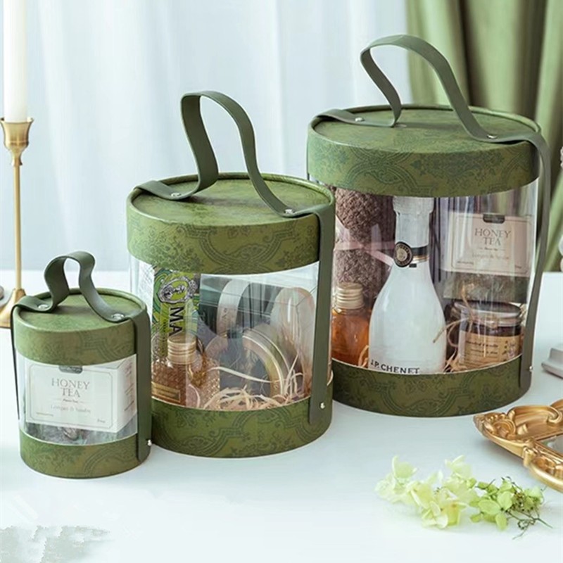 现货手提礼品盒纸罐pv透明圆筒伴手礼盒纸筒轻奢生日花束抱抱桶