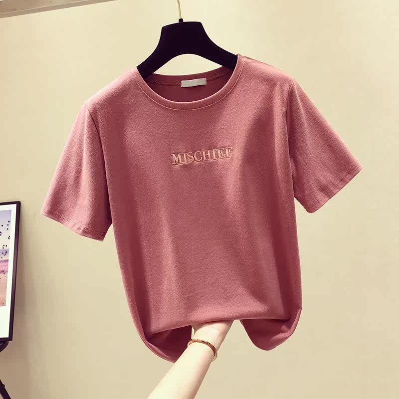 2019 Summer wear new pattern Korean Edition Simplicity Brushed Embroidery letter Short sleeved T-shirt T-shirts Self cultivation Primer T-shirtin the Women's clothing/Boutique , T-shirt  category - from Buy2taobao.com to provide professional Taobao agent buy service