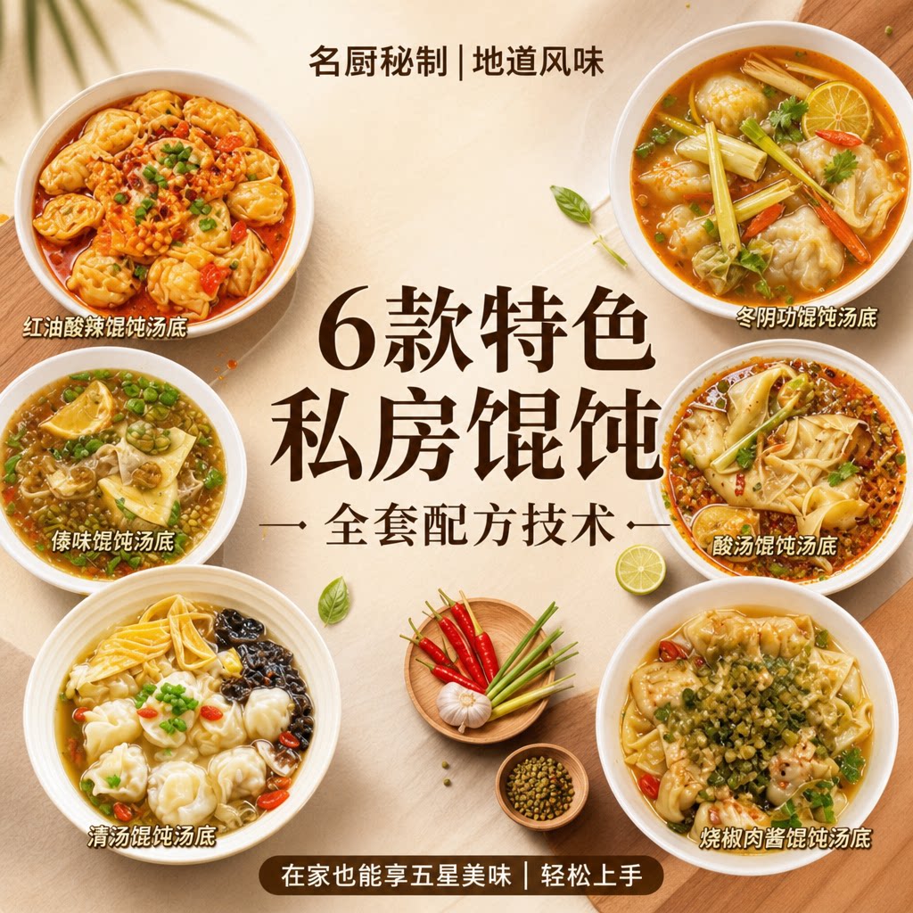 摆摊馄饨汤底配方小吃店出餐参考冬阴功酸汤红油6款资料