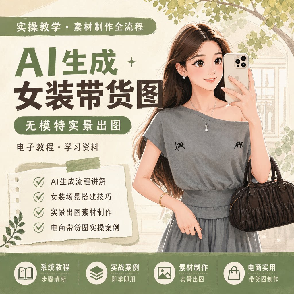 女装电商带货图AI生成实操无模特实景出图素材制作学习电子教程