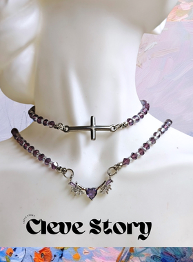 【Cleve】原创设计暗黑十字架蓝紫串珠choker双层翅膀项链锁骨链