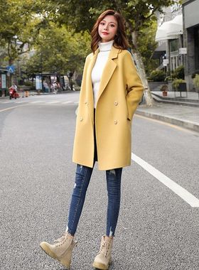 反季2025黄色小个子毛呢外套女中长款韩版秋冬新款流行短款呢大衣