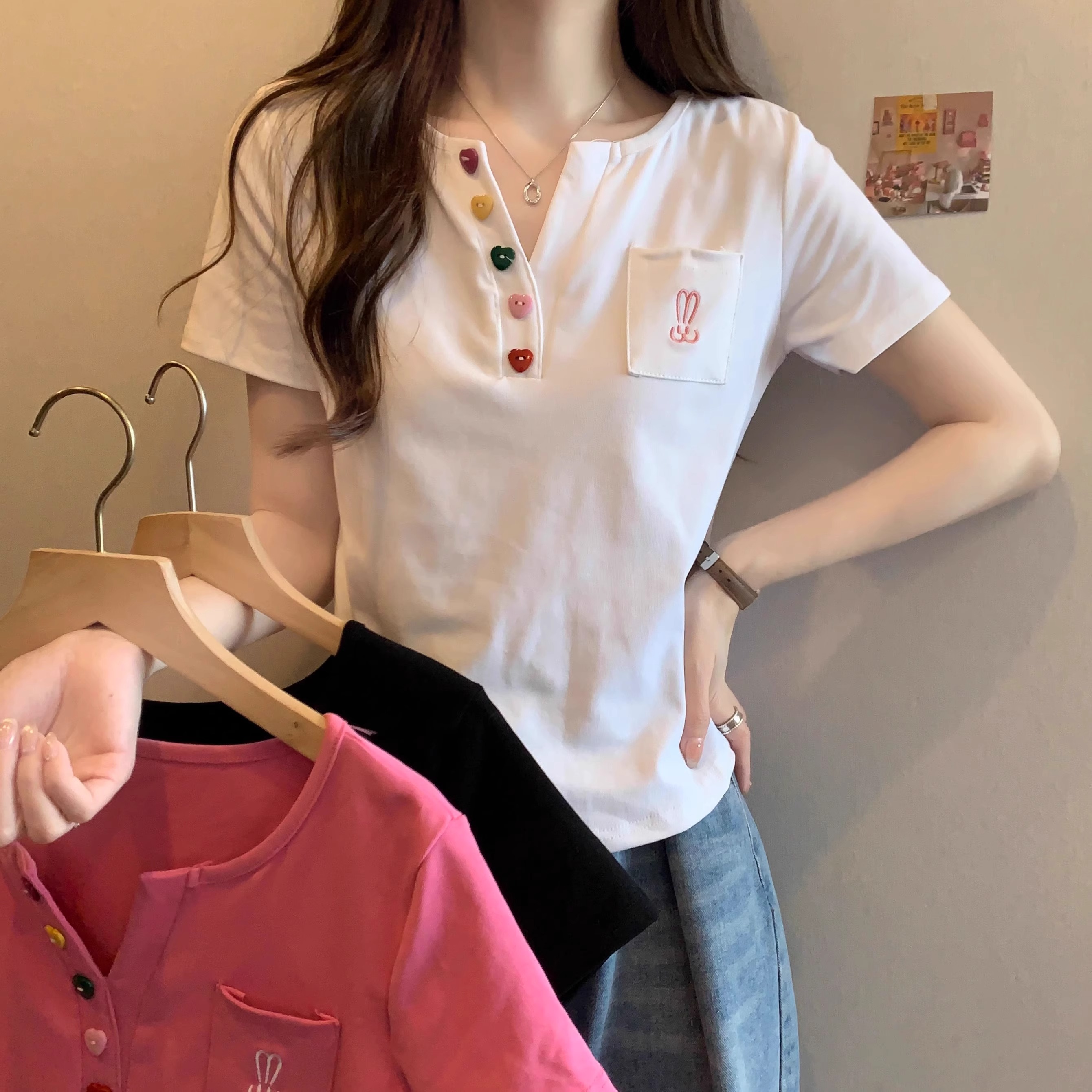 大码短袖t恤女2025夏装新款微胖mm显瘦遮肚减龄宽松别致正肩上衣