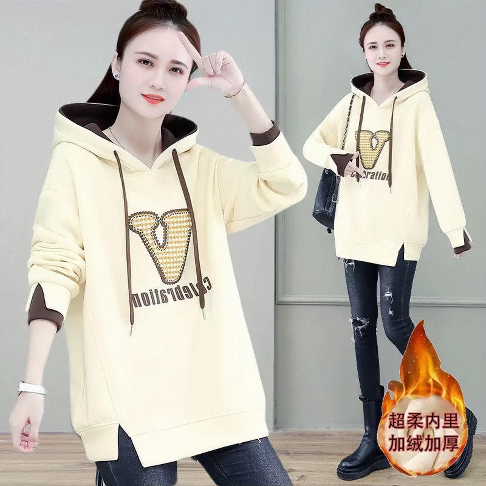 今年流行纯棉连帽卫衣女2025秋冬新款加绒加厚中年妈妈中长款上衣