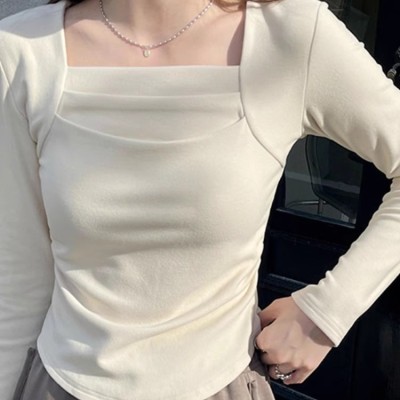 法式方领露锁骨假两件T恤2025秋冬别致褶皱内搭修身长袖短款上衣