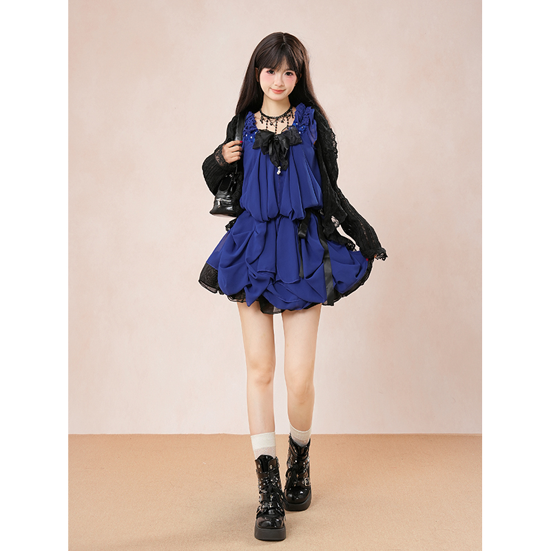 暗黑系古着vintage套装女蝴蝶结木耳边连衣裙黑色蕾丝开衫两件套~