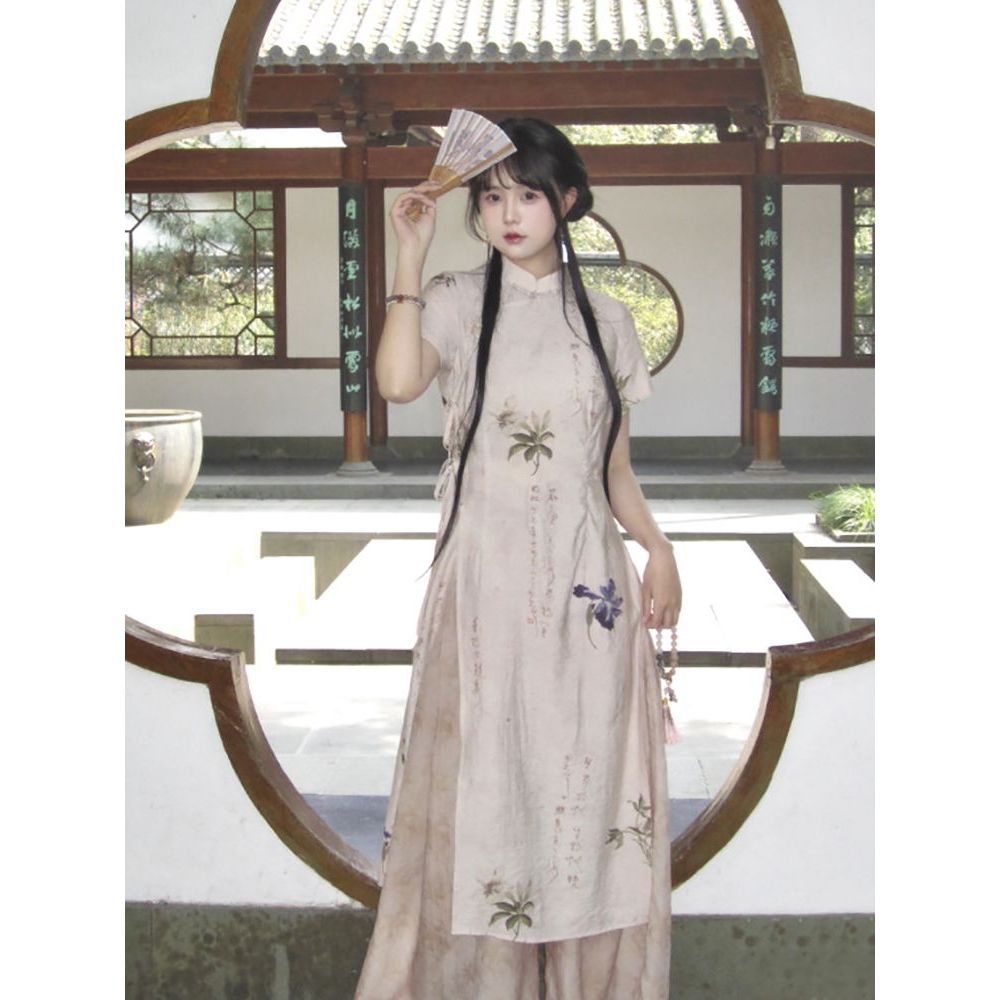半鸢香尘 禅意套装2024夏季新中式国风复古短袖旗袍+裤子两件套女