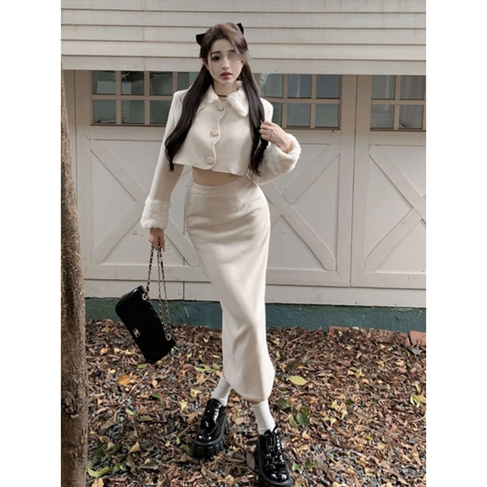 毛毛拼接翻领短款长袖开衫外套女秋气质高腰半身裙鱼尾包臀裙套装