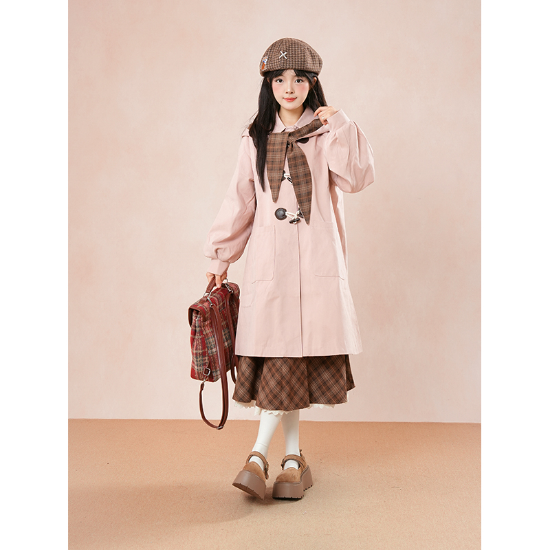草莓巧巧 秋冬季日系粉色拼格子超好看风衣外套+格子半身裙套装女