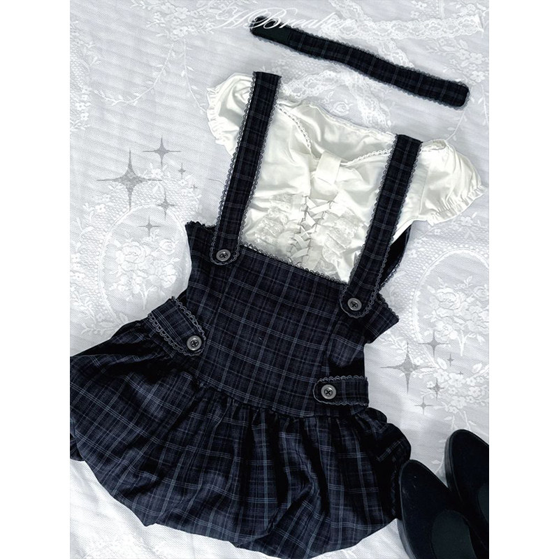 日系小个子显瘦套装裙女夏季新款泡泡袖上衣+格子背带短裙两件套