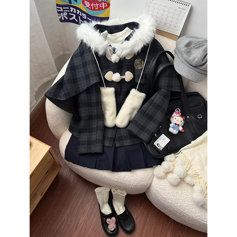 学院风JK制服套装裙女秋冬新款毛领连帽斗篷毛呢外套+短裙两件套,女装/女士精品,时尚套装,淘宝优惠券,粉丝福利购,淘宝优惠卷