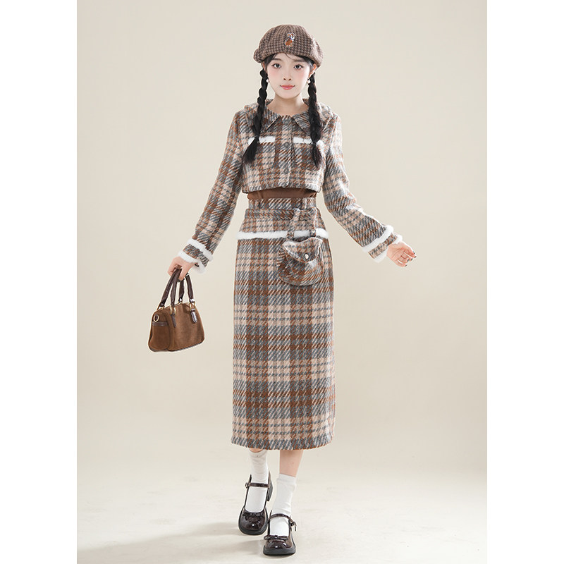 小香风穿搭复古绿色格纹毛毛拼接外套秋冬收腰修身+半身裙套装女,女装/女士精品,时尚套装,淘宝优惠券,粉丝福利购,淘宝优惠卷