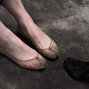 法式RC水钻内增高分趾单鞋女猪蹄鞋2025新款小众平底网纱婚鞋气质