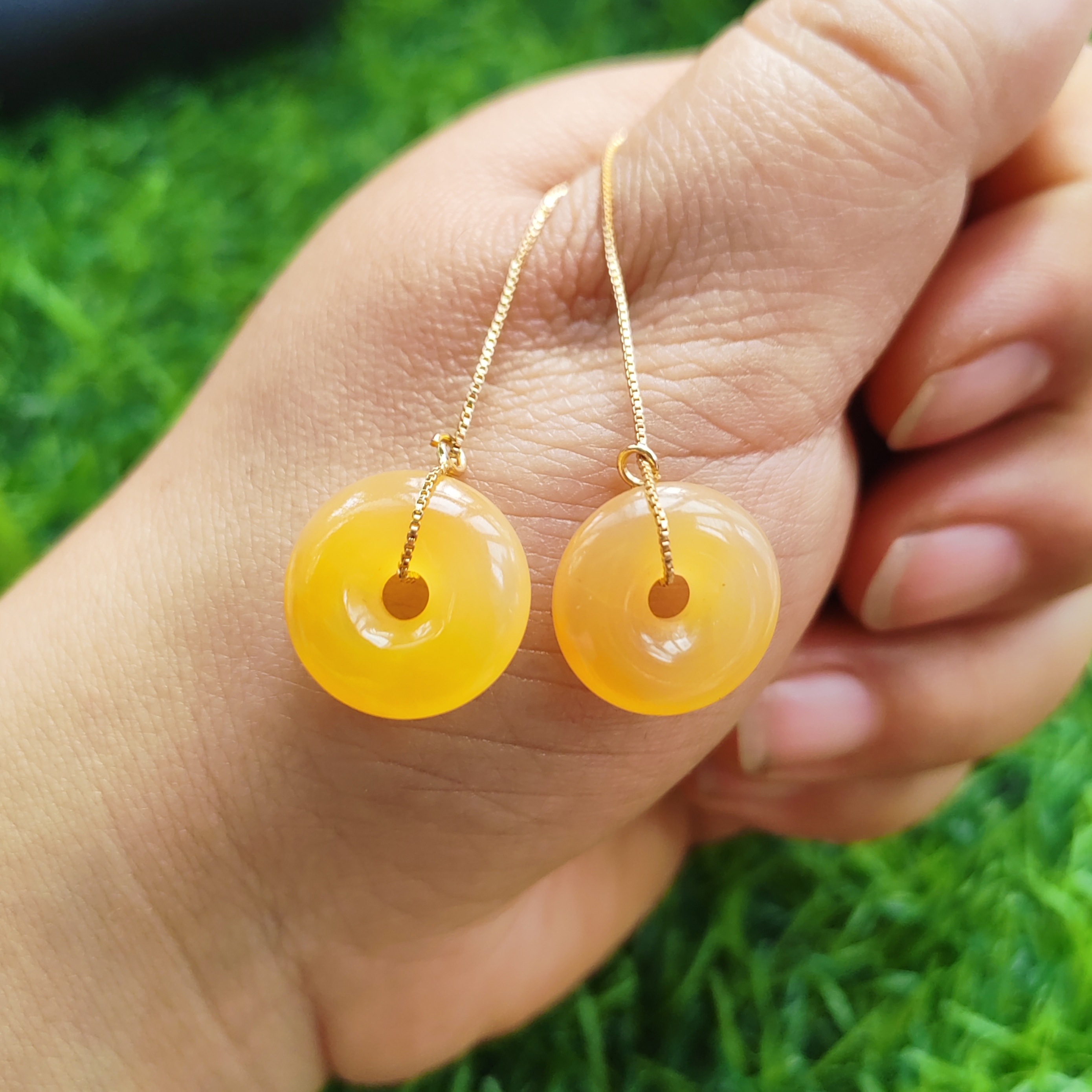 圈住幸福纯天然玉石平安扣耳线耳坠纯银正品黄龙玉耳坠耳饰15*6mm