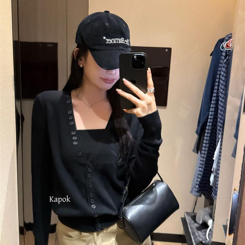 KAPOK老钱风V领开衫套装女秋冬慵懒高级感抹胸内搭外穿258389