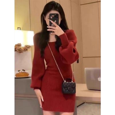 秋冬季女装小香风法式漂亮新年战袍圣诞小个子红色针织毛衣连衣裙