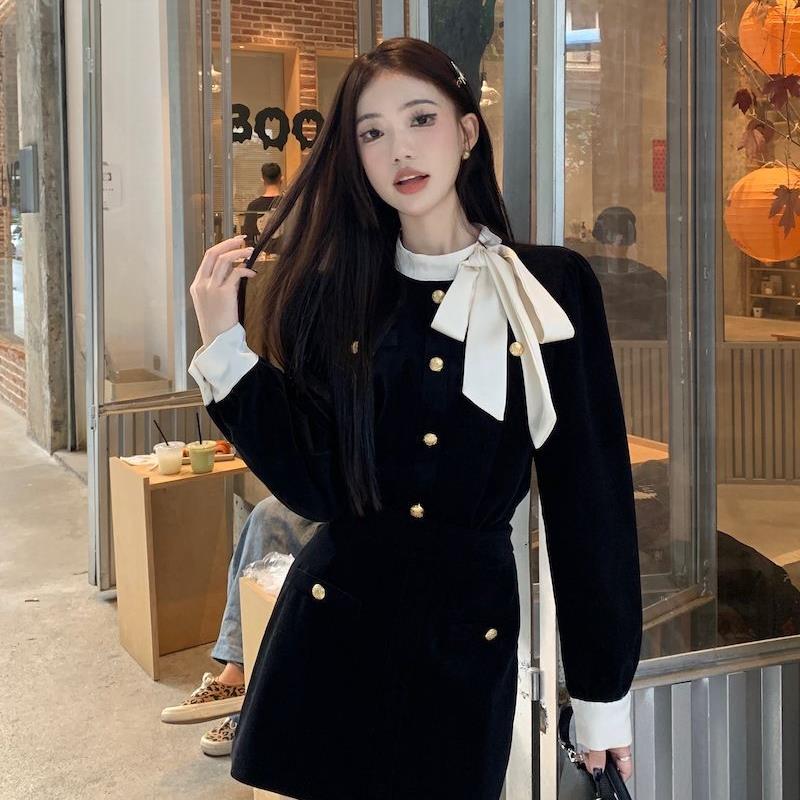 小香风蝴蝶结丝绒外套富家千金套装女秋冬高腰半身裙短裙子两件套