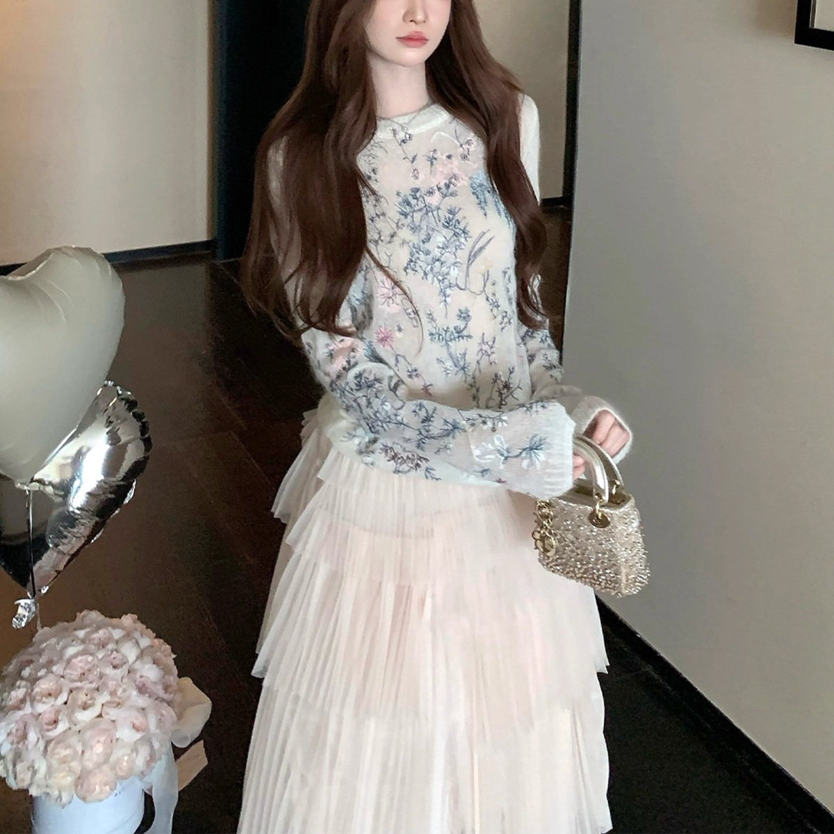 镜中芭蕾 重工花卉刺绣套头毛衣鱼骨柔光纱半裙优雅长裙秋季套装