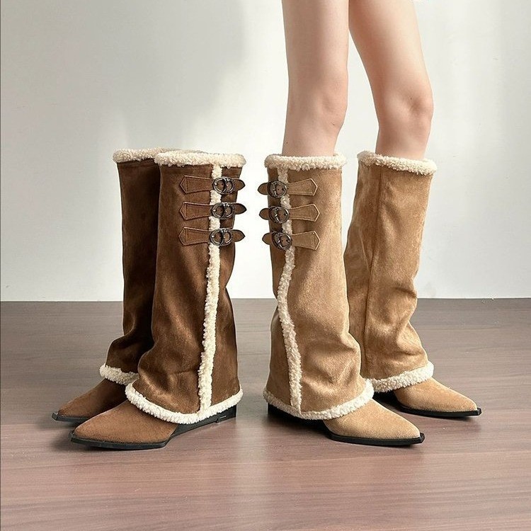 2025秋冬新款尖头高跟时装靴小众设计感不过膝长筒靴皮带扣骑士靴