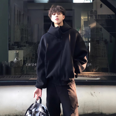 cleanfit黑色高领连帽开衫卫衣男款秋冬加绒美式重磅硬挺加厚外套