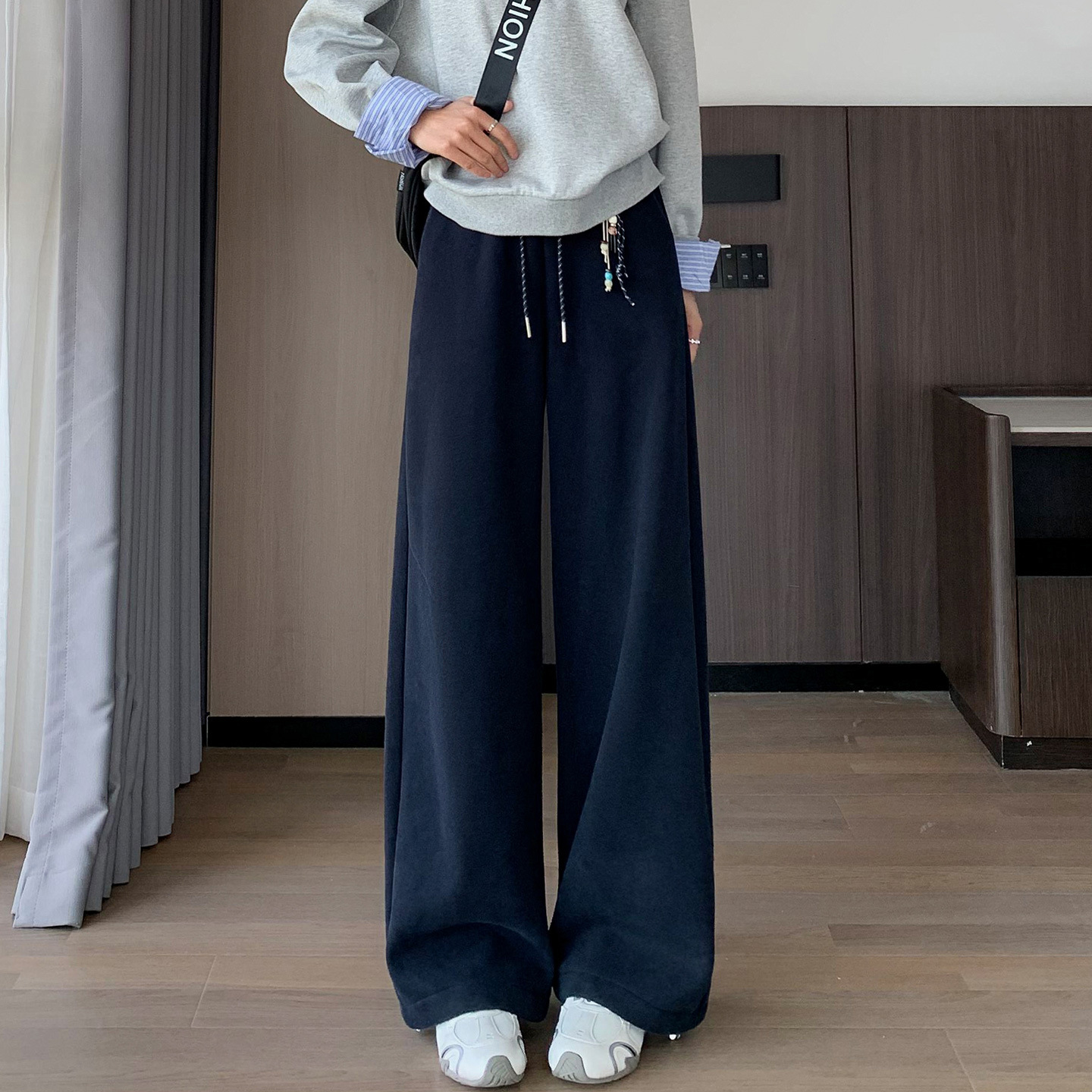 藏蓝色加绒阔腿裤女秋冬季新款韩版加厚保暖宽松直筒休闲裤A8081