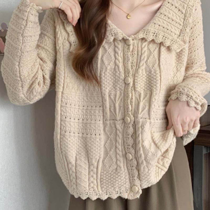 大码法式独特娃娃领针织开衫外套女秋冬胖别致慵懒毛衣上衣